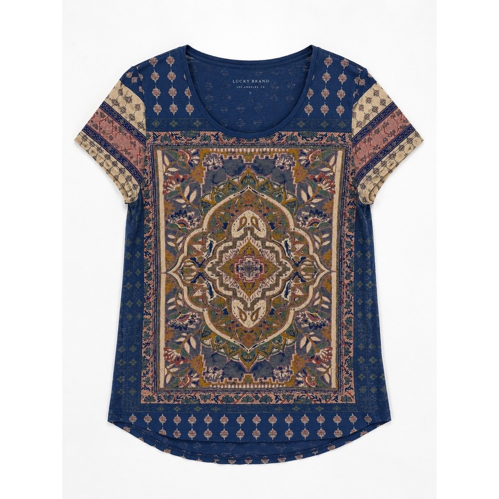 Lucky Brand Persian Carpet Tโ Shirt Womens Large Blue Printed Viscose Boho Top